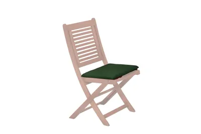 A green cushion on a wooden garden chair.