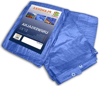 A folded blue tarp is shown on a white background.