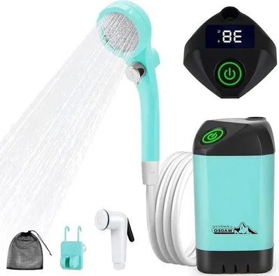 Produktbild von Tragbare Campingdusche mit Akku und Pumpe – Wiederaufladbar – 6000 mAh Akku – Mobile Duschen – Duschen im Freien – Duschkopf und Schlauch – Camping, Reisen, Garten, Autowäsche.