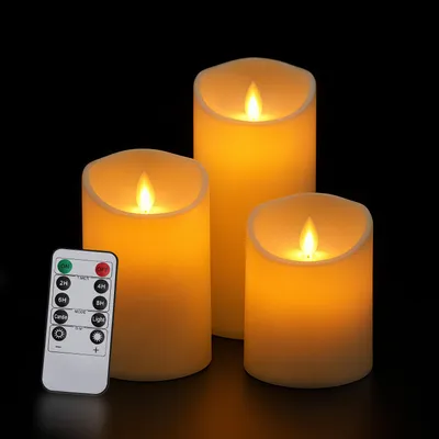 Produktbild von Eikuavons LED Kerzen Echtwachskerzen 3er Set aus Paraffinwachs 15 / 12,5 / 10 cm - mit Fernbedienung Timer dimmbar beweglicher Flamme warmweiß Elfenbein