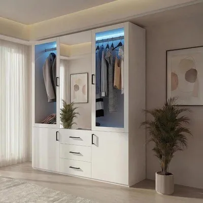 Image de Armoire avec miroir - Armoire de chambre à coucher - Rangement pour vêtements - Avec éclairage LED - Largeur : 130 cm - Blanc
