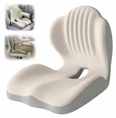 Obrázek produktu pro Ergonomická sedací podložka z paměťové pěny, ortopedická sedací podložka s bederní opěrkou, sedací podložka ve tvaru "L", polštářek na kostrč. Vhodné pro domácnost, auto, invalidní vozík a kancelářské židle. Barva: béžová/šedá