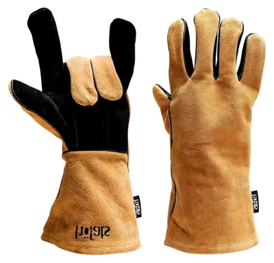 Produktbild von Grillhandschuhe - Kaminhandschuh aus Leder und Aramid - extrem hitzebeständig - Topfhandschuh, Ofenhandschuh zum Grillen, Kochen und Holz nachlegen - nach EN 407 und EN 390