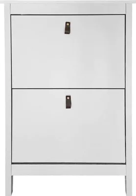 A white shoe cabinet with two drawers, each with a brown leather pull handle.