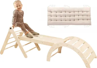 Produktbild von Buxibo Mini-Klettergerüst-Set – Kletterdreieck & Kletterbogen mit Kissen & Kletterrampe mit Rutsche – Montessori-Spielhalle – 176x47x82 cm – Natur