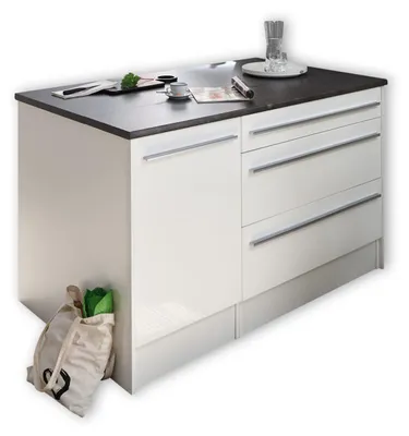 Produktbild von JAZZ Moderne Kücheninsel mit Arbeitsplatte freistehend in Weiß Hochglanz, Steingrau - Geräumiger Küchenschrank - 145 x 90 x 90 cm (B/H/T)