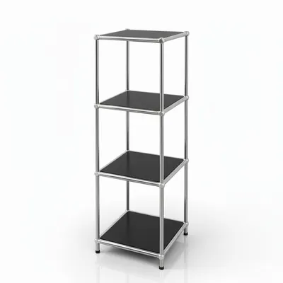 A three-tier shelving unit with black shelves and a silver metal frame, presented on a white background.