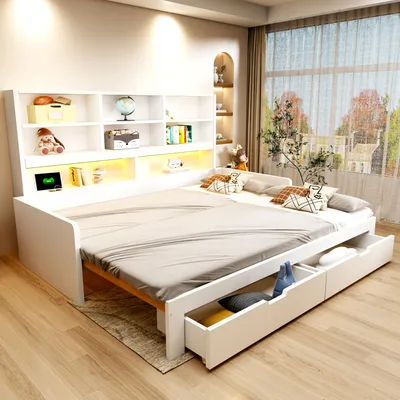 Produktbild von Flieks Tagesbett 90x200cm mit Ausziehbarem Bett, Schlafsofa Holzbett mit Led und Ladefunktion, Jugendbett mit Schubladen, Gästebett Weiß