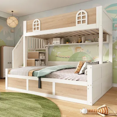 Produktbild von STILVORA Etagenbett 90x200/140x200 cm als Kinderbett mit hydraulischem Stauraum und Treppenschrank, Hochbett mit Lattenrosten und Rausfallschutz, Holzbett Weiß Natur