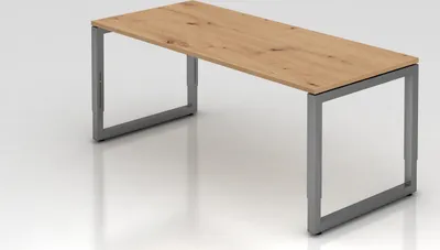 Produktbild von Schreibtisch Pavo | Asteiche | Graues Gestell | BxT 180x80cm | Arbeitshöhe 65-85cm | höhenjustierbar, 1cm Raster | O-Fuß-Gestell eckig | Rechteckform mit schwebender Tischplatte