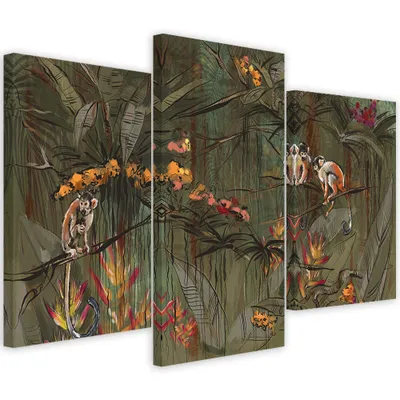 Produktbild von Triptychon auf leinwand affen im dschungel 150x100 cm Feeby grün wandbild bereit zum aufhängen