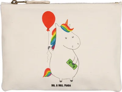 Produktbild von Mr. & Mrs. Panda kosmetiktäschchen Einhorn Luftballon Größe M - Weiß - Geschenk, Stoffbeutel, Make-Up Tasche, Einhörner, beauty case, Unicorn, Federmappe, Geld