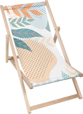 A folding deck chair with a colorful abstract floral pattern on a white background.