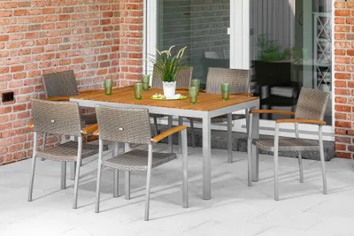 Produktbild von Merxx Gartenmöbelset "Silano" 7tlg. mit Tisch 150 x 90 cm - Aluminiumgestell Silber mit Kunststoffgeflecht Graubeige und Akazienholz