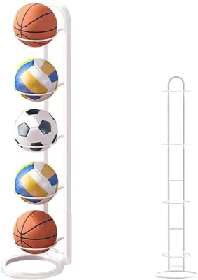 Obrázek produktu pro Stojan na míče s 5 úrovněmi, úložný stojan pro basketbalové a fotbalové míče, bílý, pro použití v interiéru