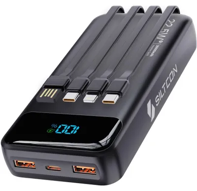 Produktbild von Siltcon® Powerbank 30000mAh – 22,5W Schnellladen – USB-C/USB-A – LED-Anzeige – Notfallset – 3 Ports – 4 Kabel – Schwarz