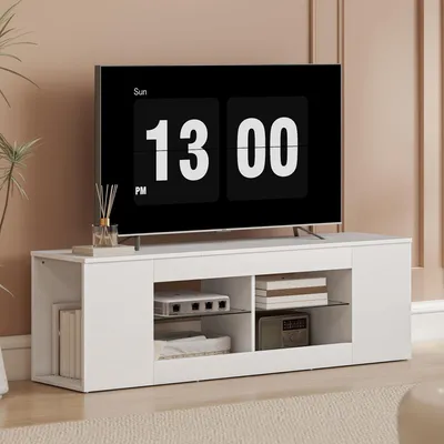 Produktbild von SUGIFT Fernsehschrank 6 Fächer, TV-Board mit Glasregalen, Spanplatte Weiß | 2 Glaseinlegeböden | bis 65 Zoll | 140 x 35 x 42,5 cm