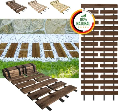 Collage of wooden garden path elements and a decorative screen.