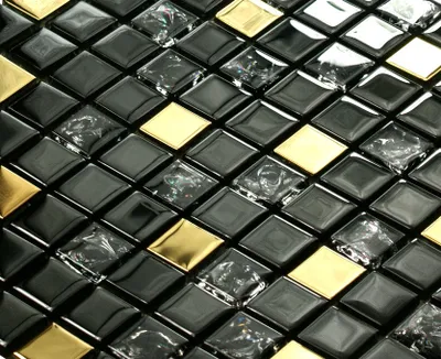 Produktbild von Schwarzes Glasmosaik „Gold monte“ Schwarze Mosaikfliese