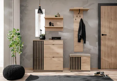 Produktbild von Flurgarderobe Schuhschrank Wandpaneel PEDRO I mit Lamellen Spiegel und Sitzbank