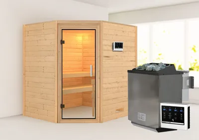 Produktbild von Karibu Sauna Innensauna Mia Eckeinstieg  Ofen 9 kW  externe Strg easy 196x169x198 cm  ohne Dachkranz mit Klarglastür