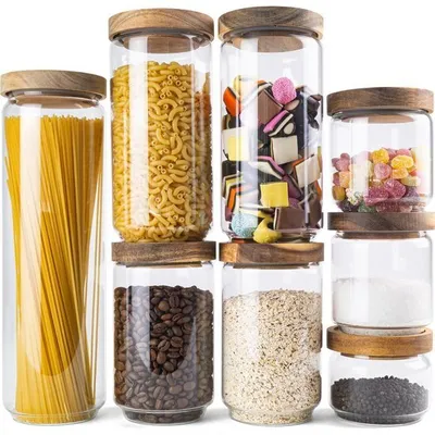 Produktbild von Vorratsgläser aus Glas mit Deckel aus Akazienholz - Set mit 7 Stück