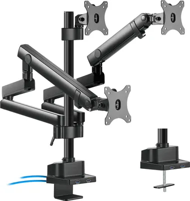A black triple monitor mount with gas spring arms and a desk clamp base, shown against a white background. A separate base clamp is shown to the right.