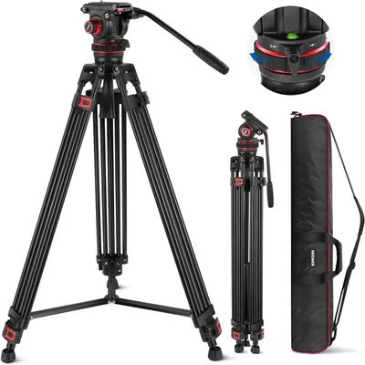 Immagine prodotto di Treppiede per videocamera - Treppiede per fotocamera - Treppiede - Treppiede per riprese video - Testa fluidă con smorzamento regolabile