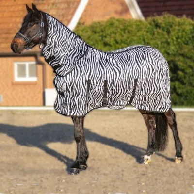 Image de Couverture anti-mouches avec partie du cou zèbre avec bavette Taille (couverture de cheval) - 155 cm