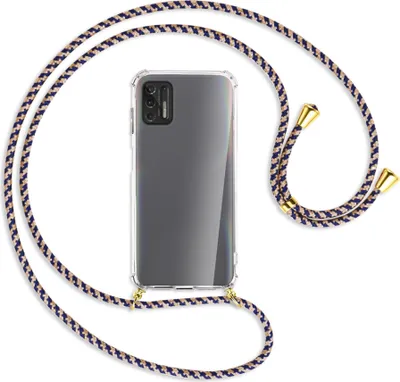 Produktbild von Handykette Backcover-Schutzhülle mit Band (Metall goldfarben) für Motorola Moto G Pro 2021 - blau+beige