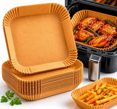 Produktbild von Backpapier für Heißluftfritteuse 20x20 cm - 300 Blatt für Airfryer - Kompatibel mit Ninja, Philips, Cosori - quadratisch