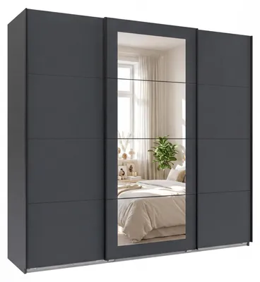 Produktbild von Schwebetürenschrank 3-trg Kleiderschrank 225 cm in Grafit m. Spiegel, Griffe schwarz / 22627