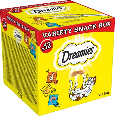 Produktbild von Dreamies snacky pro kočky s kuřecí příchutí, sýrem a lososem, 12x60g (1 krabička s různými snacky) - křupavé pochoutky pro kočky s různými příchutěmi na povrchu a krémové uvnitř