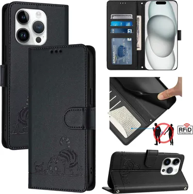 Produktbild von Leder Hülle für iPhone 14 Pro Süße Katze Flip Case Brieftasche Schutzhülle mit Standfunktion Schwarz