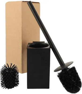 Produktbild von Silikon-Toilettenspüler mit Aufkleber, 8x8x42cm, schwarz, inklusive 2 Borsthälsen und quadratischen Stahlhaltern aus Edelstahl 304 für das Badezimmer.