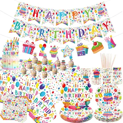 Party Deko Set bunt gepunktet, 20 Teller, Becher, Servietten, Banner, Tischdecke