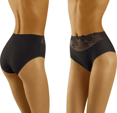 Two views of black women's underwear on a white background.