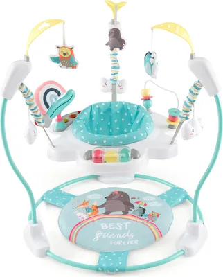 A baby jumperoo with various toys and a seat.