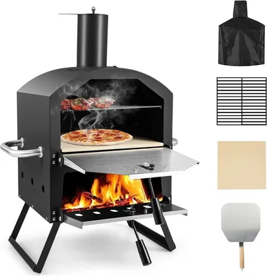 Produktbild von GOPLUS 2 in 1 Pizzaofen outdoor, Gartenofen aus Edelstahl mit Pizzagrill, Pizzaschaufel, Pizzastein für Party Camping Picknick, tragbarer Holzofen