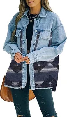 Produktbild von ASKSA Damen Jeansjacke Revers Langarm Vintage Button Down Oversize Boyfriend Cardigan Print Hemdjacke, Dunkelblau, S