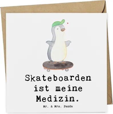 Produktbild von Mr. & Mrs. Panda Grußkarte Pinguin Skateboarden - Weiß - Geschenk, Skateboard, faltkarte, fahren, Klappkarte, Skaten, anlasskarte, Glückwunschkarte, Skateplatz