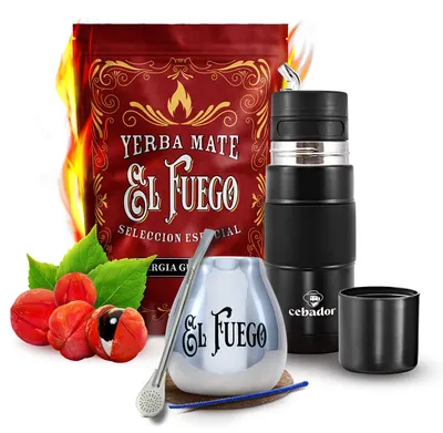 Produktbild von El Fuego - Mate Tee Set Energia Guarana 500g - Rauchgetrocknet Mit Viel Staub - Yerbomos X 3in1 Thermoskanne 450ml - Mate Becher 350ml - Yerba Mate