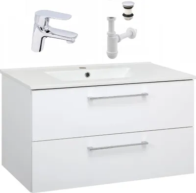 Produktbild von Stamar Waschtisch mit Unterschrank Hängend 80 x 47 cm Weiß Hochglanz Softclose Schubladen | Badmöbel Set mit Keramik-Waschbecken und Chrom Armatur