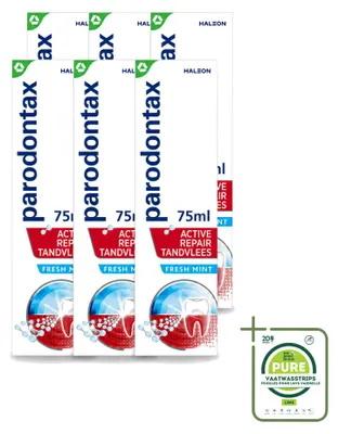 Zdjęcie produktu dla 6 sztuk pasty do zębów Parodontax Active Repair, wzmacniającej dziąsła, o smaku świeżej mięty, pojemność 75 ml - opakowanie zbiorcze