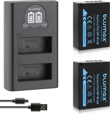 Produktbild von 2x Akku + LCD Lader für Fuji NP-W126 -W126s X-Pro3 X-T30 X-T200 1140 mAh (7,2V)