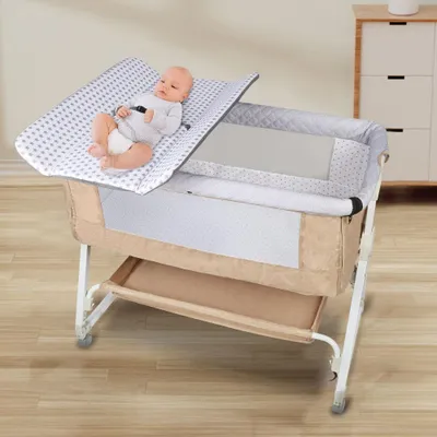 Produktbild von 3 in 1 Beistellbett,Reisebett Baby mit Matratze & Wickelauflage,Babybett 6 Fach höhenverstellbar mit Aufbewahrungskorb für Baby bis 12 Monaten Beige