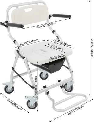Immagine prodotto di Sedia da bagno con ruote - Sedia da bagno per doccia e da letto - Pieghevole - Secchio rimovibile - Lega di alluminio - Portata massima 150 kg - Per anziani e persone con disabilità