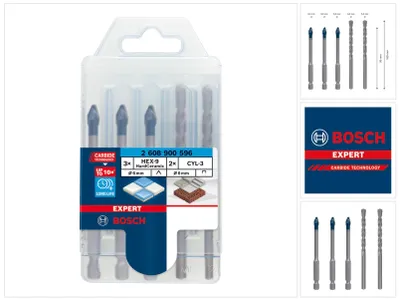 Obrázok produktu pre Bosch Expert - Sada vrtákov - na betón, mäkké dlaždice, tvrdé dlaždice, plné tehly - 5 kusov - 6 mm - dĺžka: 100 mm, 90 mm