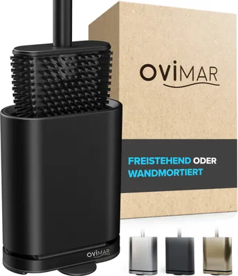 Produktbild von ovimar Toilettenbürste Abeloya | schwarz | Silikon Klobürste | WC Bürste mit Belüftung | Edelstahl | abnehmbare Tropfschale | nur 6cm breit | optionale Wandbefestigung im Badezimmer