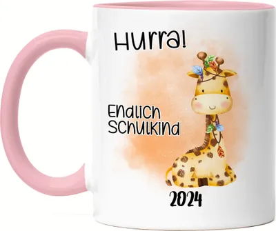 Produktbild von Endlich Schulkind 2024 Giraffe Tasse Rosa Schulanfang Patenkind Einschulungs-Geschenk Schuleinführung